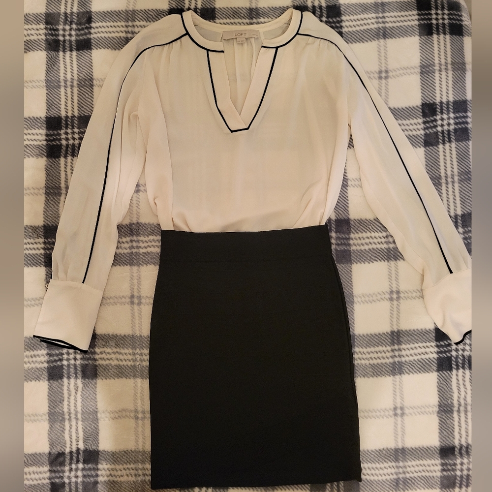 LOFT White Blouse with GUESS Black Pencil Skirt
